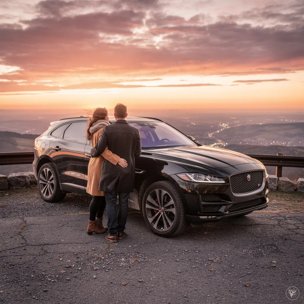 Stylový SUV parkovaný před historickou budovou.
